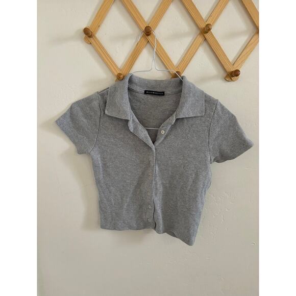 Brandy Melville Top Women's Small Gray Polo Crop Top Button Up 100% Cotton - Picture 2 of 7